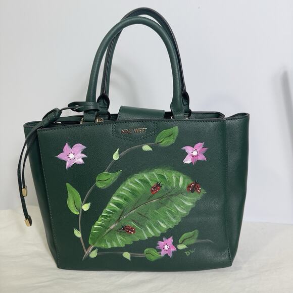 Nine West Green Tote Bag Hand Painted Ladybug Floral Leaf Purse Shoulder Satchel - Picture 2 of 16